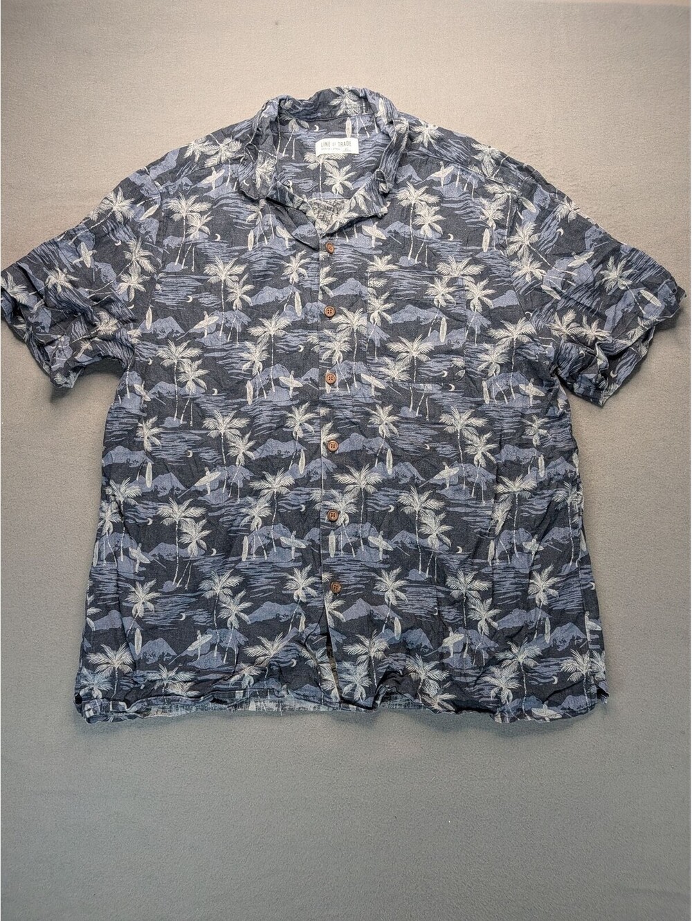 Line Of Trade Shirt Mens XL Blue Linen Hawaiian Surf Print Button Short Sleeve
